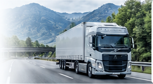 Volvo commercial truck travelling through a mountain landscape