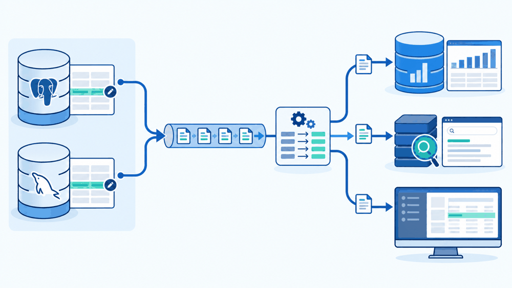 Database changes streamed through Kafka to a warehouse, search index and application