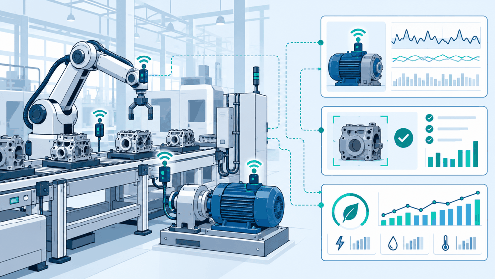 Factory machines and sensors connected to health, quality and energy monitoring