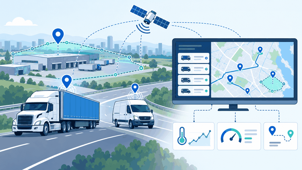 Connected fleet vehicles sending GPS and sensor data to a live operations dashboard